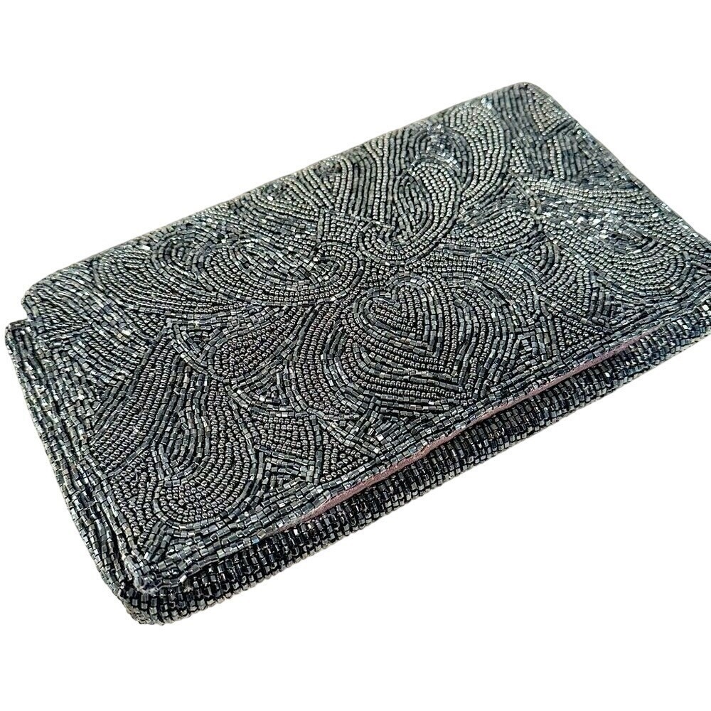Vintage Beaded Clutch‎ Purse Women's Charcoal Gray Satin Lining Luxury Holiday
